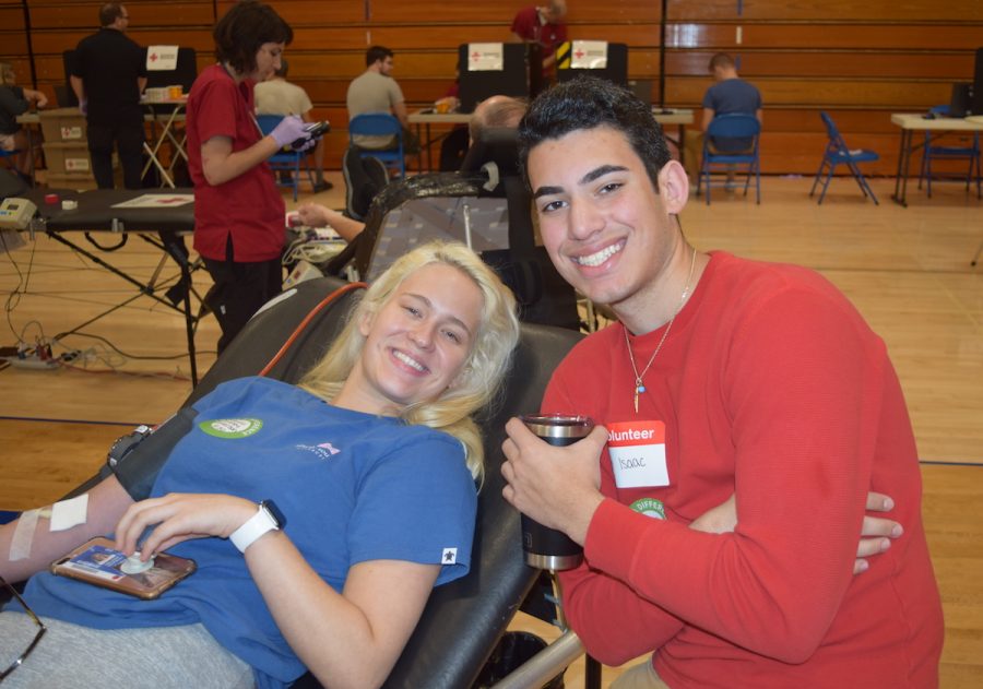 First+time+donor+Helena+Iverson+is+visited+by+student+council+member+Isaac+Hanna.+I+gave+my+blood+to+help+people+in+need.+I+am+grateful+to+do+it%2C+she+said%2C+adding+with+a+smile%2C+It+hurt+more+than+I+thought%21