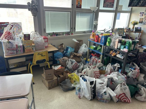 This image shows just a few of the many items donated by students and staff for the Blue Ribbon of Promise's collection to help youth struggling with homelessness.